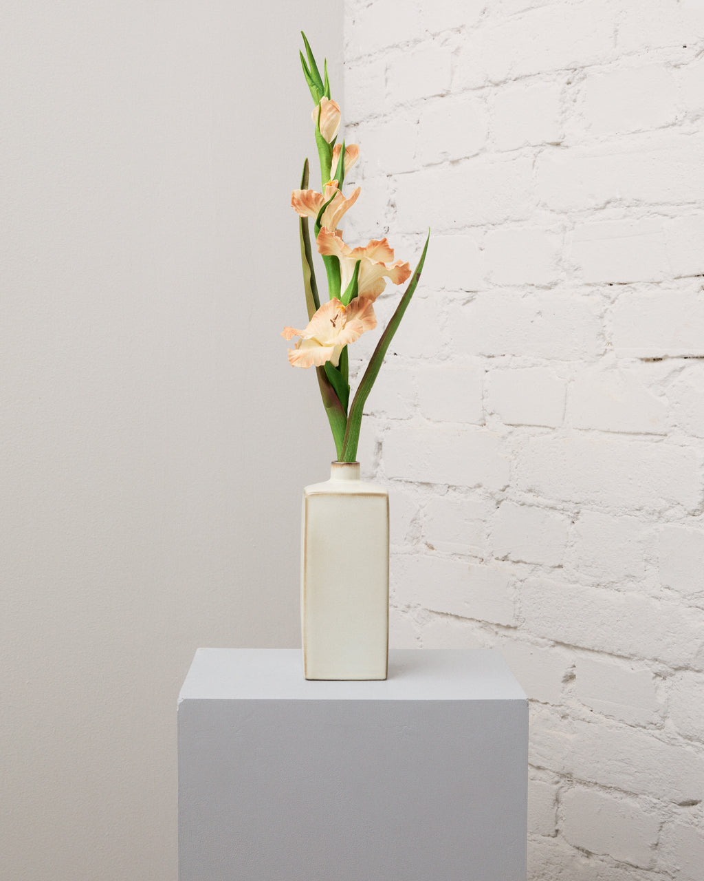 Konstgjord gladiolus i champagnebeige med flera blommor, knoppar och långa, smala gröna blad i en krämvit vas.