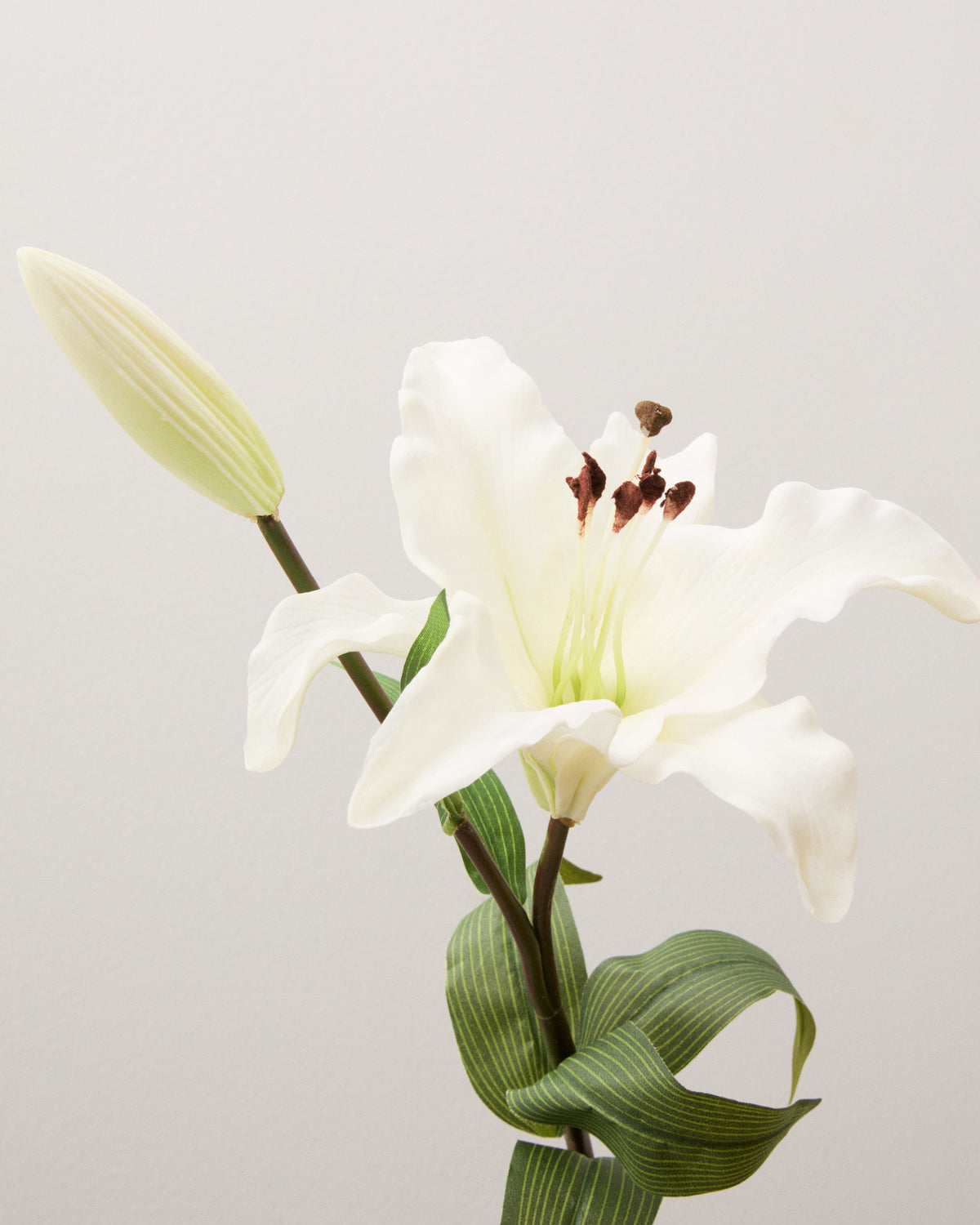 Närbild av konstgjord lilja med vågiga vita kronblad, ljusgrönt centrum, mörka ståndare och en avlång knopp intill blomman.