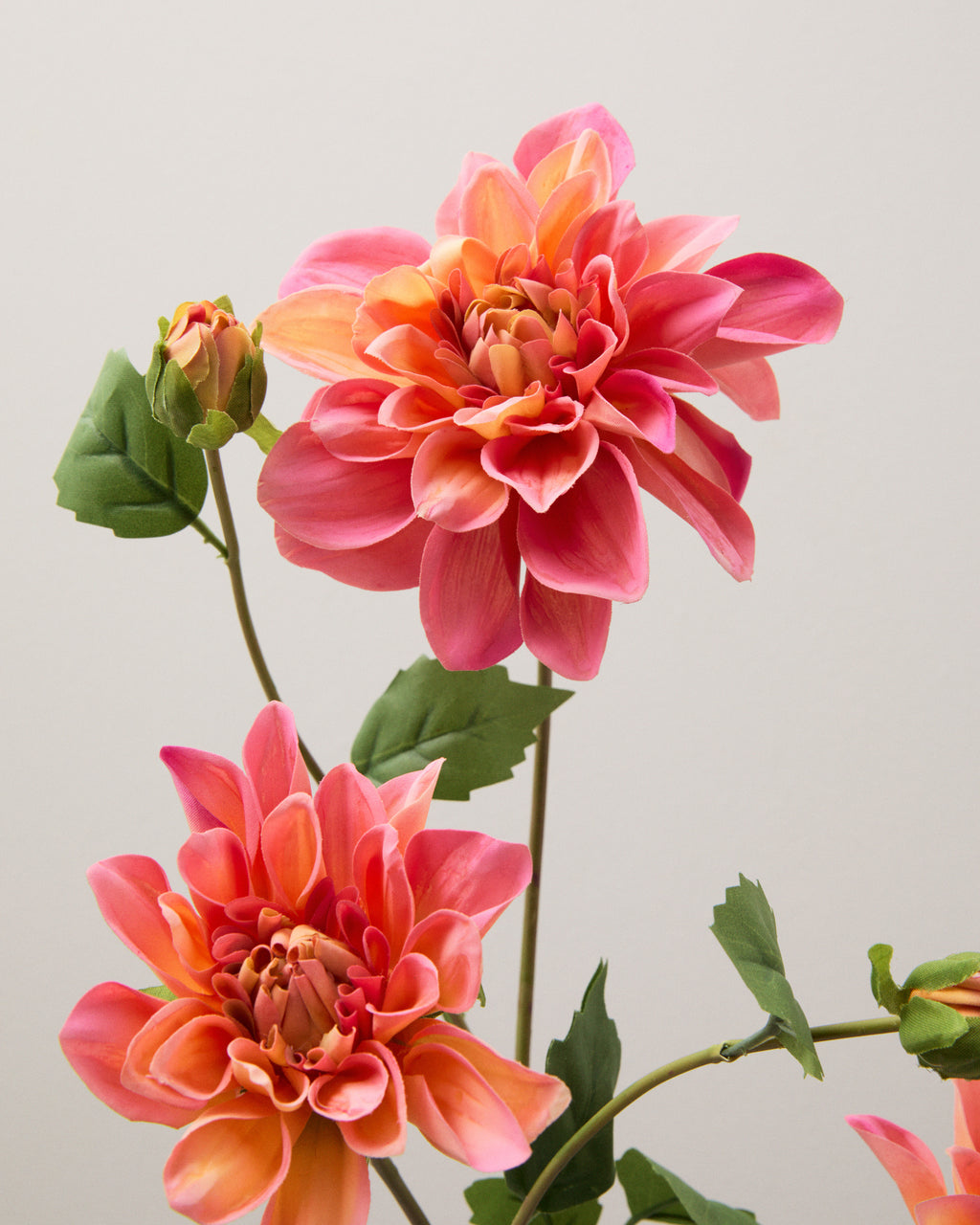 Närbild av konstgjord dahlia med kronblad i orange och korallrosa, gröna knoppar och blad längs stjälken.