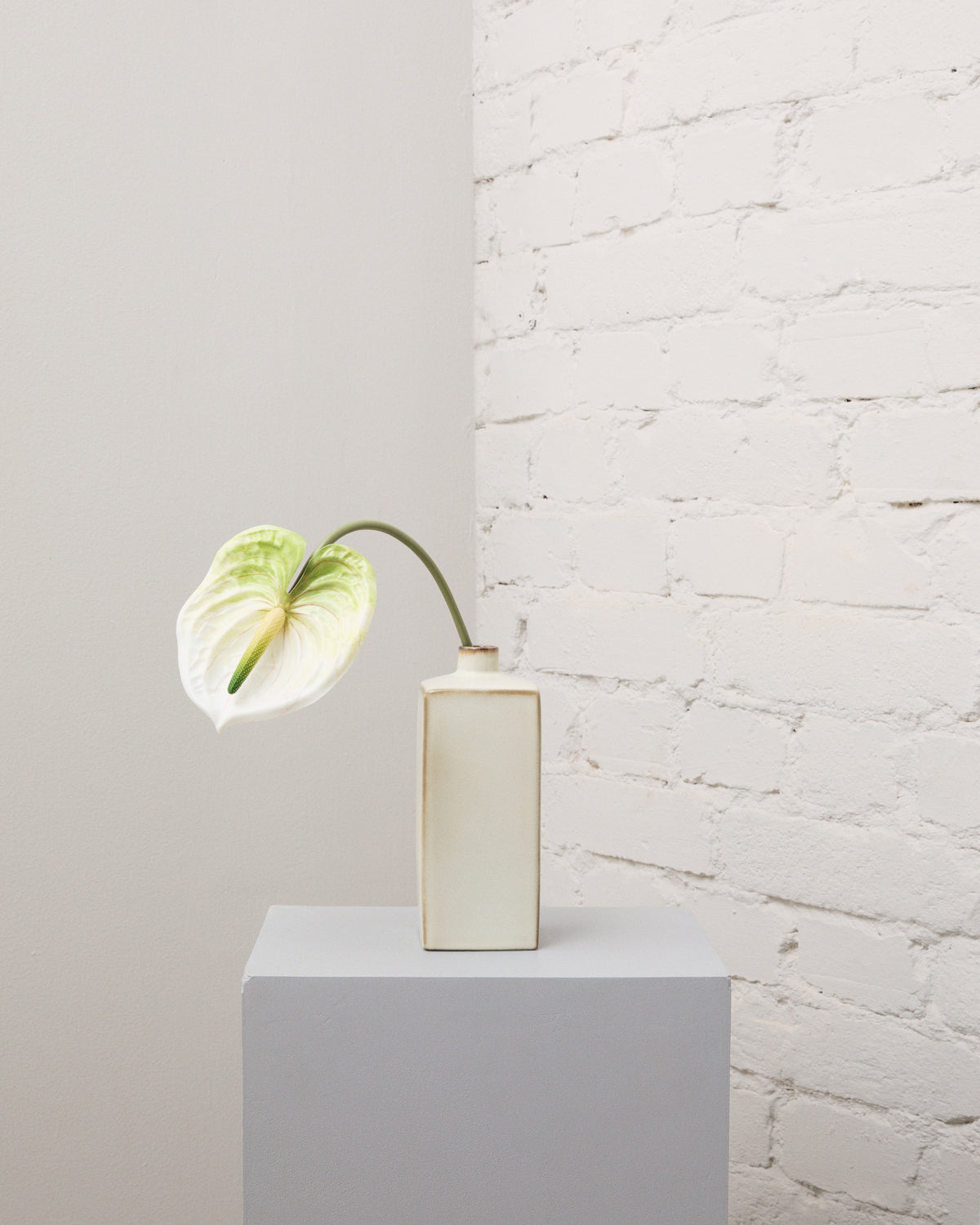 Konstgjord vitgrön anthurium med hjärtformat blomblad och böjd grön stjälk i en smal, krämvit vas.